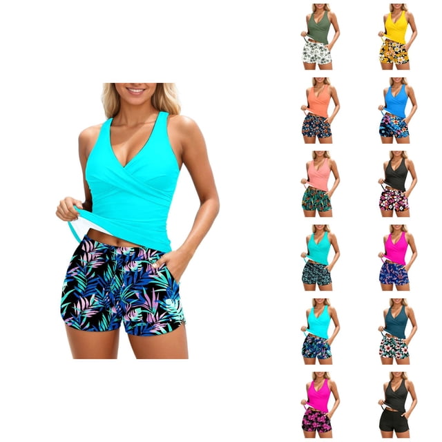Tankini Swimsuits for Women 2026 Trendy Modest Deep V Neck Crossover Top with Swim Shorts Two Piece Bathing Suits Woman