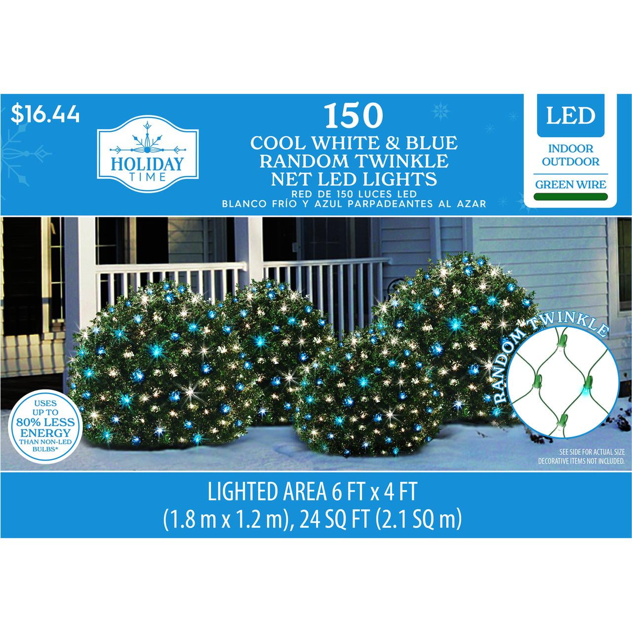 Holiday Time - Brandclub - Holiday Time 150-Count Blue and Cool White Random  Twinkle LED Net Lights, with Green Wire, 24 sq. ft., image size:1280x1280