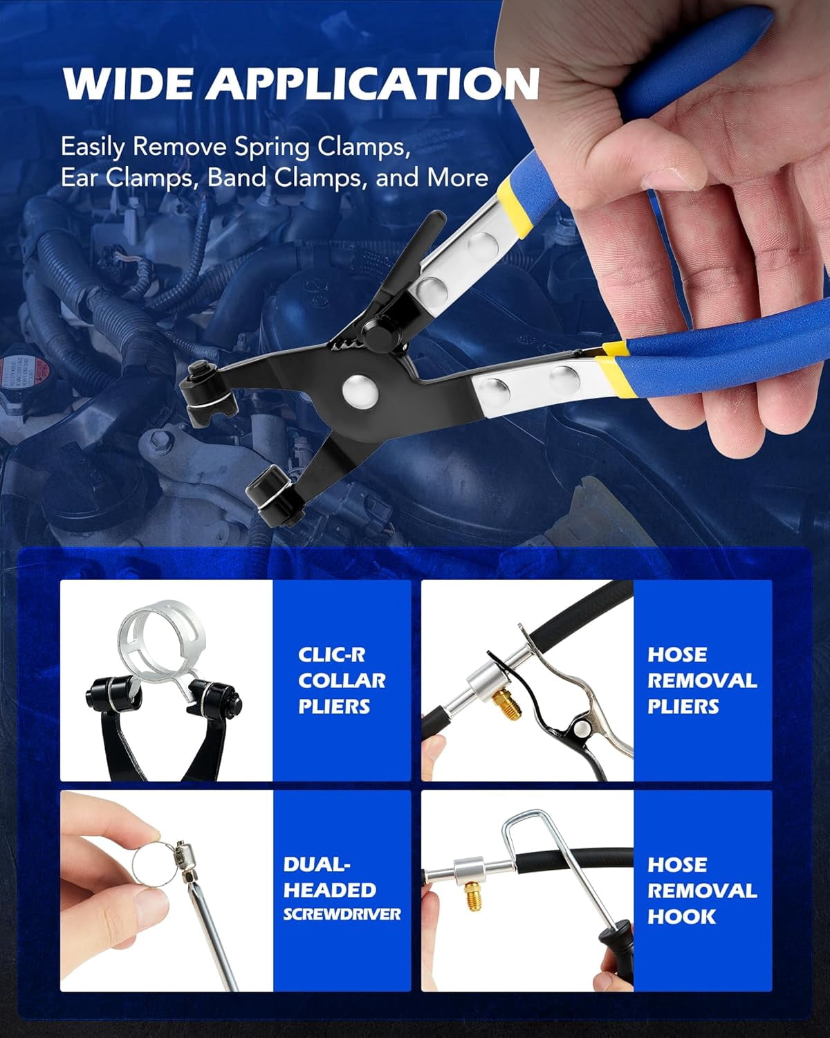 SYNYLIIFE 9 Pcs Hose Clamp Pliers for Fuel Oil & Water Hoses, Automotive Long Reach Hose Clamp Remover Kit with Flexible Wire Clic R Type Swivel Jaw Flat Band Pliers Case, Blue