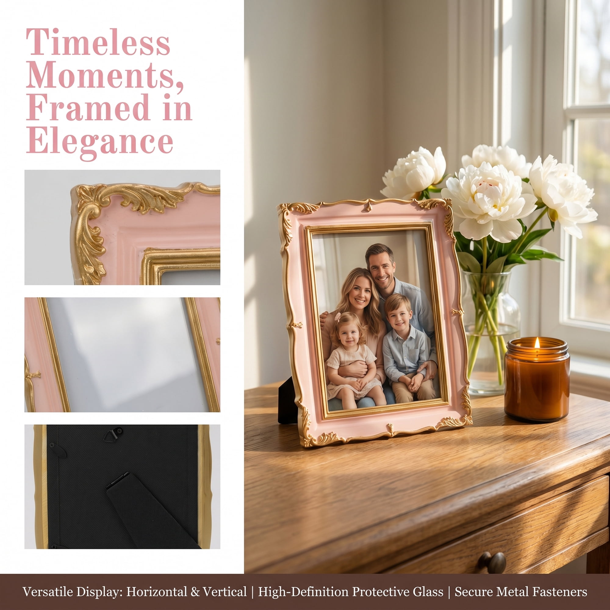 Unique Bargains Resin Traditional Photo Frame for Desk Gallery Wall Pink 5" x 7"