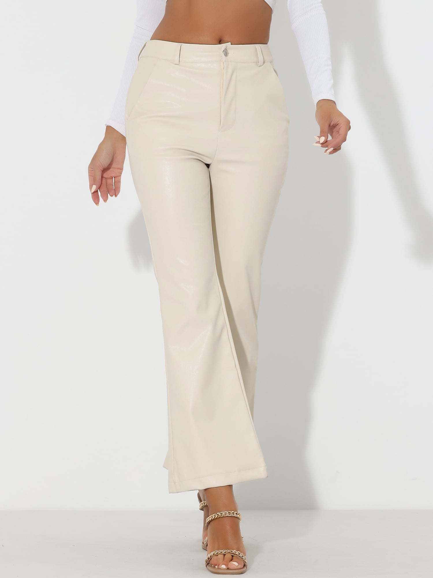 DARING DIVA Women's Faux Leather Flared High Waist Bell Bottom PU Trousers XS White
