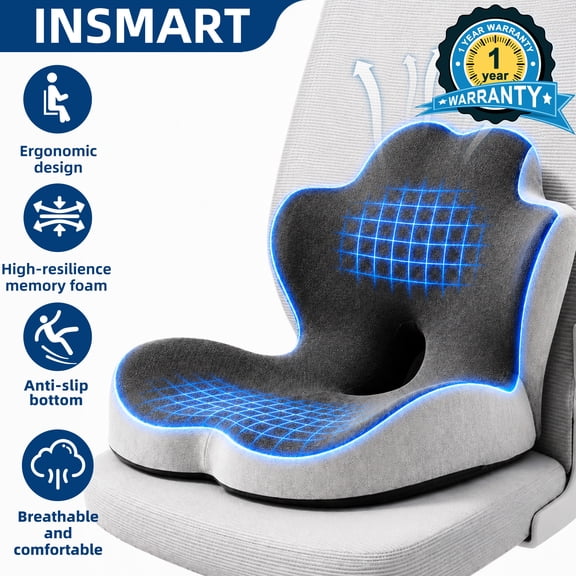INSMART Ergonomic Memory Foam Seat Cushion with Lumbar Support, Breathable Coccyx Pillow for Office Chair Car, Shell Design, Two-Tone Gray