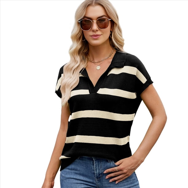 Sudadera de Corta para Mujer, Cuello en V, Casuales A Rayas, Blusas Holgadas de Verano. Negro M