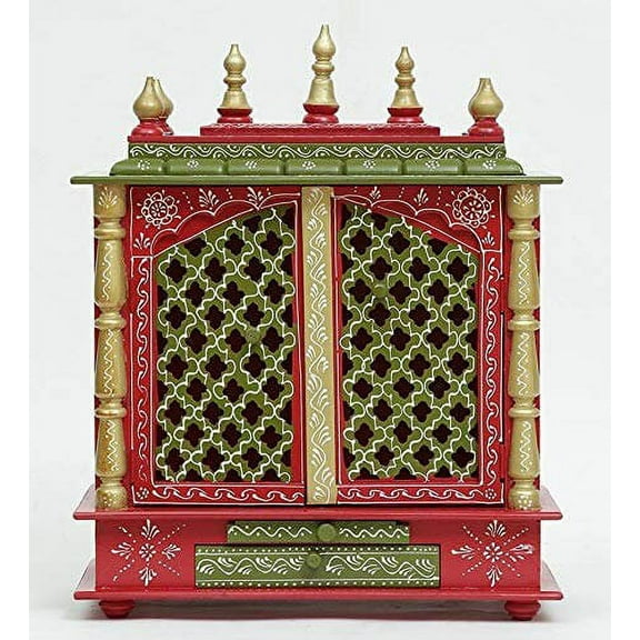 Wooden Temple For Home And Office / Maroon Antique Puja Mandir / Ethnic Wooden Temple / Wall Hanging And Table Top / Mandir With Doors