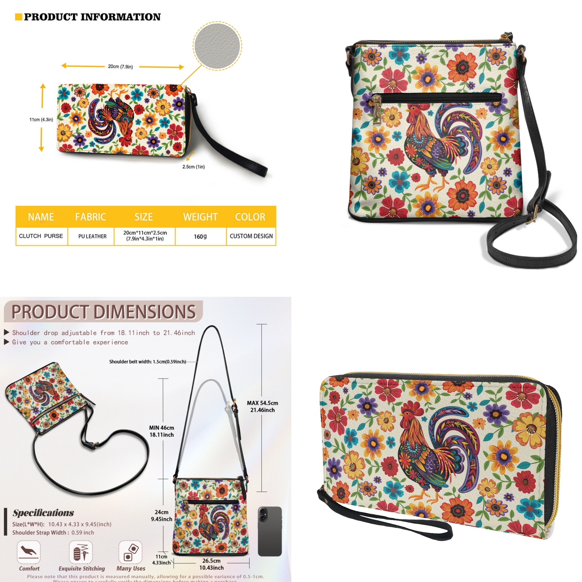 ZUXONGSY Abstract Rooster Daisy Flower Print Leather Crossbody Purse Wallet Set for Women, Multi Pockets Satchel Purse Medium Size Zipper Shoulder Hobo Bag with PU Leather Wallet