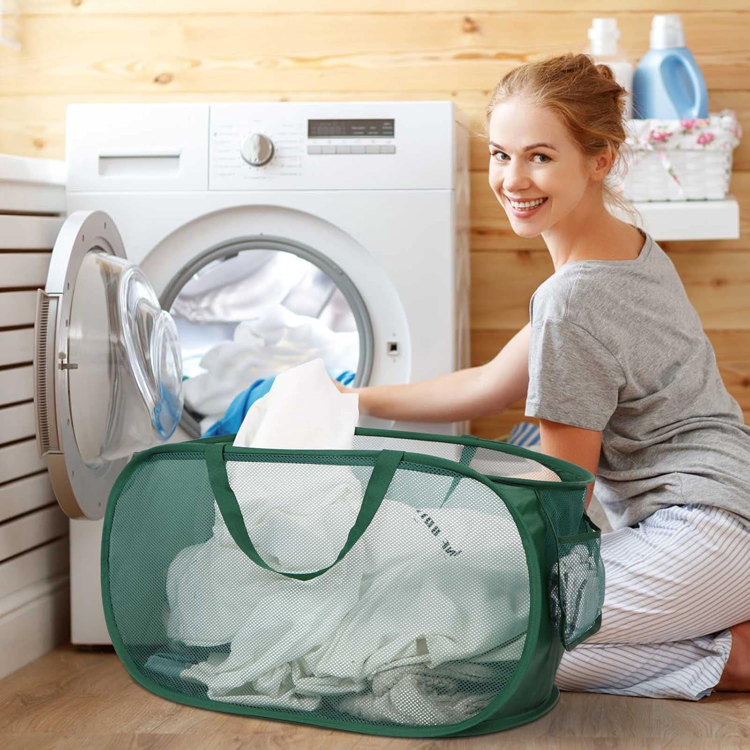 Kiibsot Strong Mesh Pop Up Laundry Basket, Collapsible Laundry Hamper with Side Pocket, Foldable Clothes Hamper with Durable Reinforced Handles for Laundry, Bathroom, Kids Room, Dorm or Travel