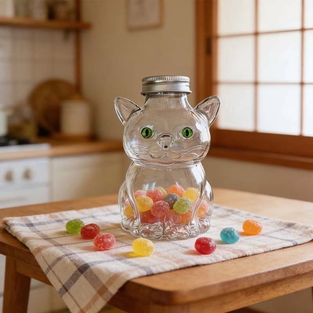 Botella de vidrio con forma de gato y tapa metálica | Tarro de vidrio transparente para almacenar bebidas y decorar | Recipiente apto para alimentos para leche, agua o aperitivos