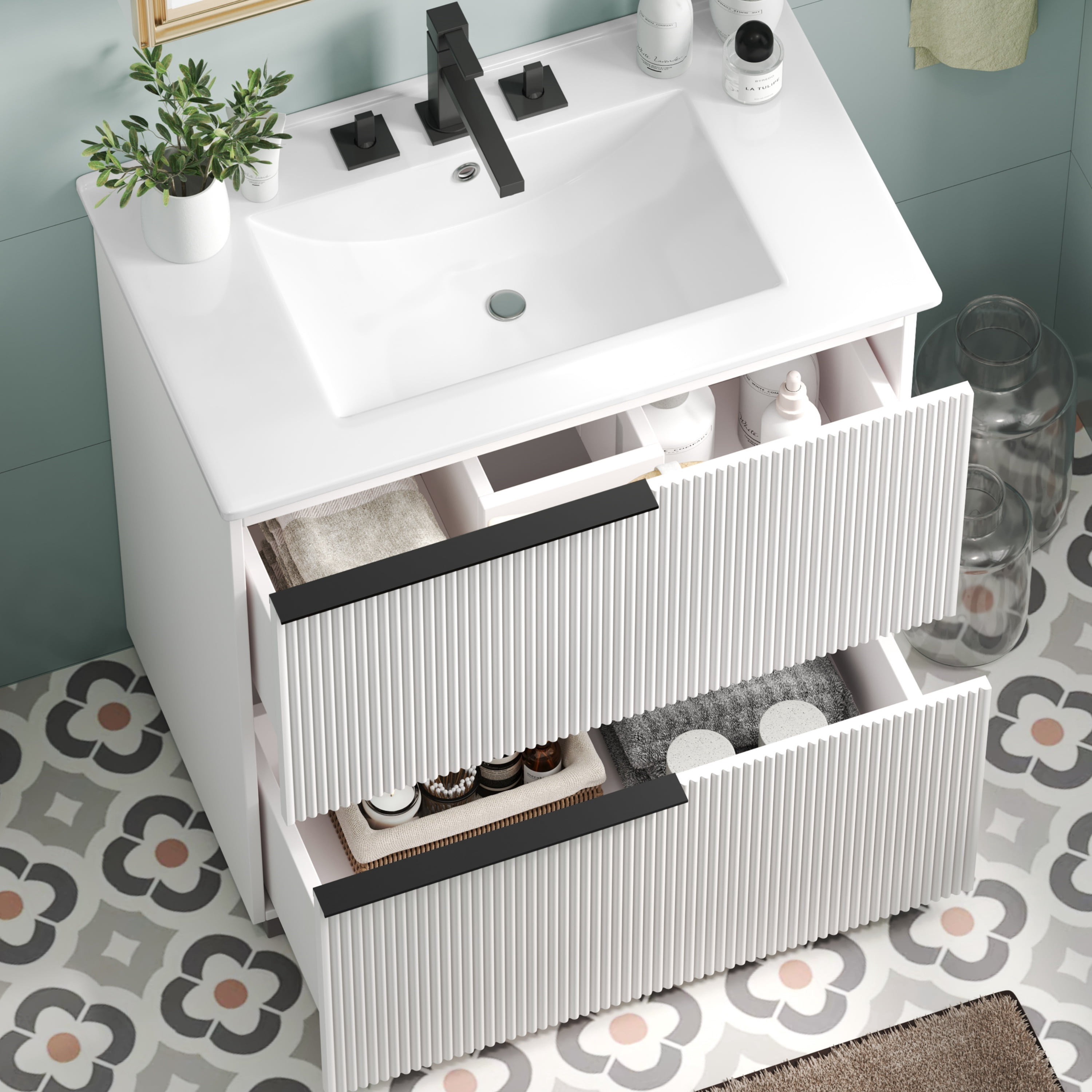 Euroco 30" Bathroom Vanity with Ceramic Sink and Full-Extension Drawers, Soft Close Undermount Drawer Slides, Fluted Design, White