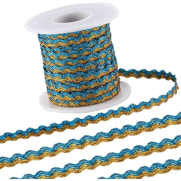 Cinta zigzag metálica azul y dorada de 16,4 yardas x 5 mm con flecos ondulados, brillante, con borde ondulado, encaje tejido y cinta en zigzag.