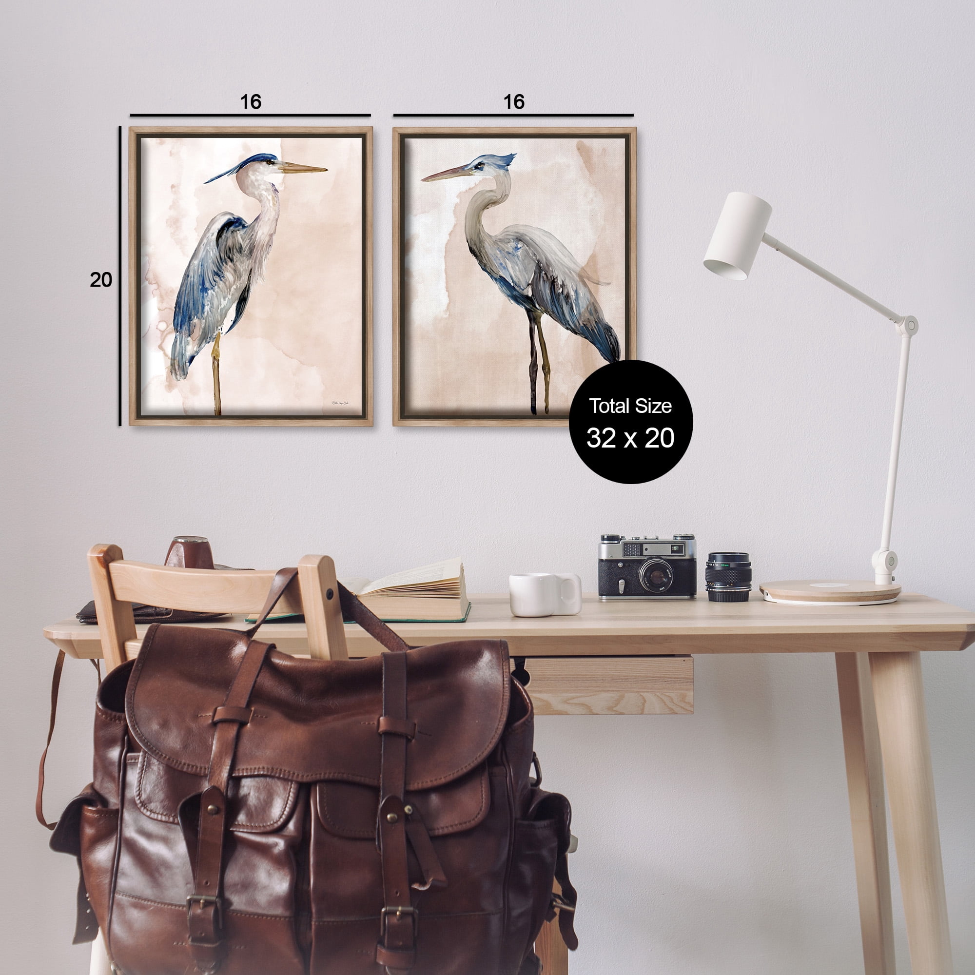 Stupell Industries Beautiful Heron Birds Standing Watercolor Animals & Insects Painting Brown Floater Framed Canvas Art Print Wall Art, 17 x 21, Set of 2