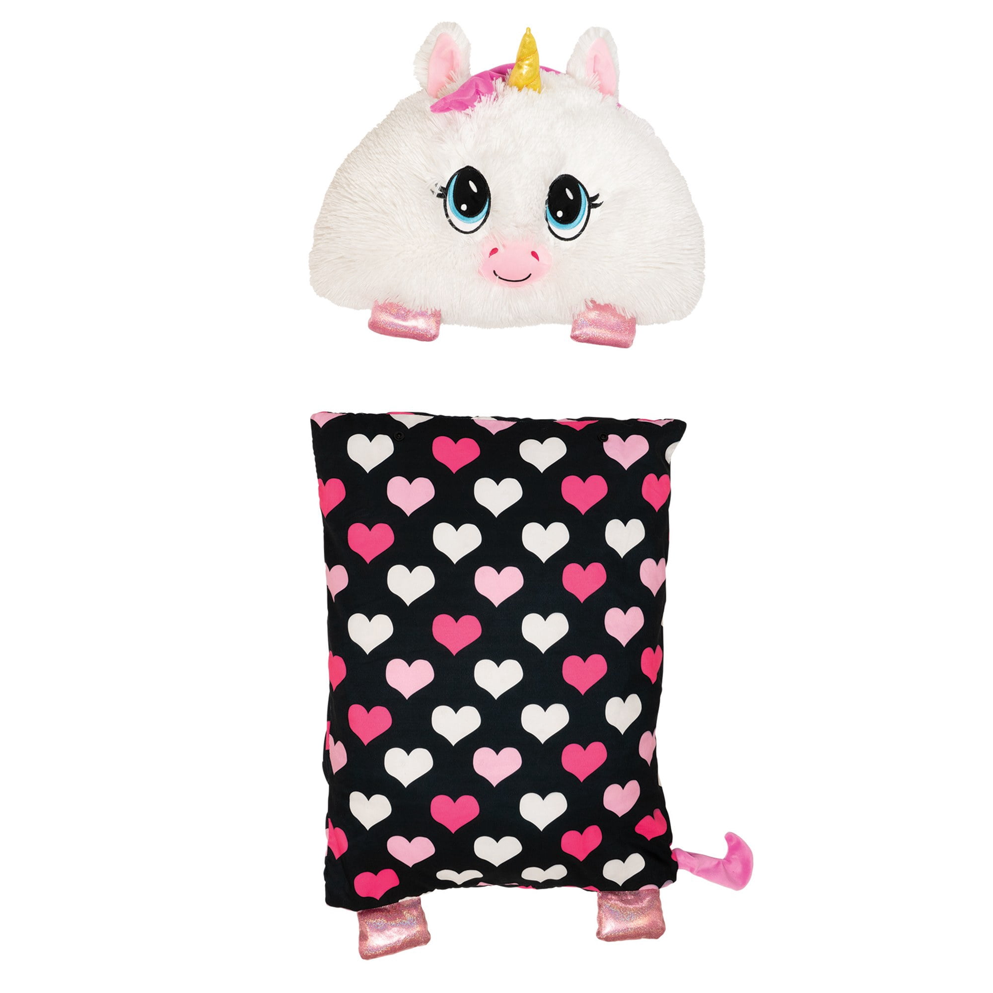 Happy Nappers: FluffALuff Pet - Unicorn - 2-In-1: Plush Character & Snap-On Pillowcase, White-Pink, Soft-Huggable, Cover Fits Standard Size, Play-Nap