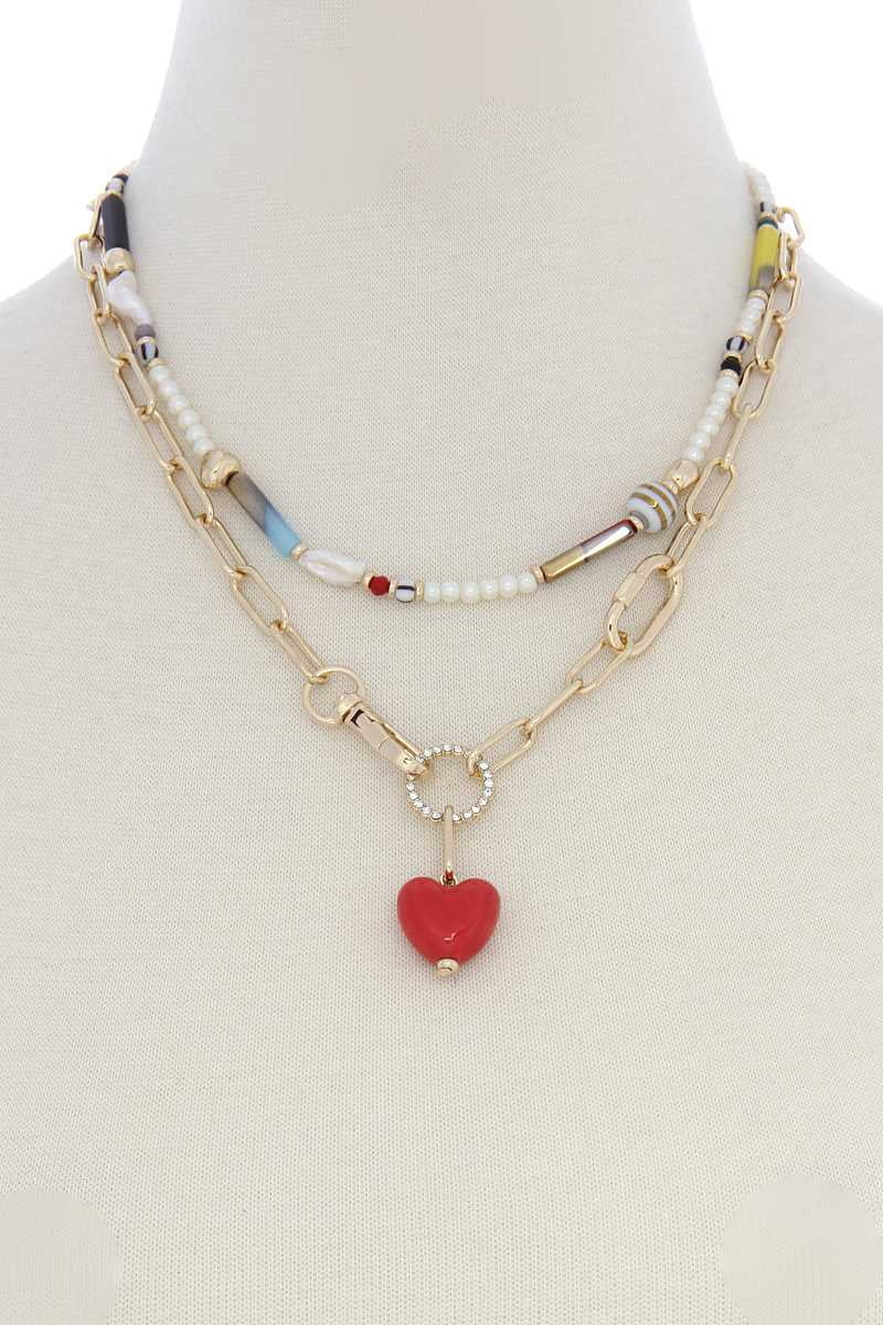 CC WHOLESALE CLOTHING Heart Shape Oval Link Beaded Layer Necklace