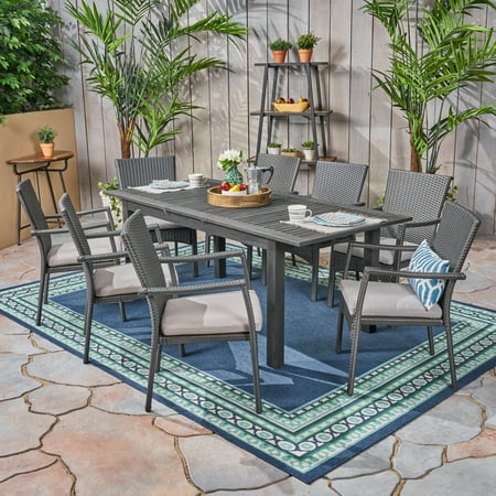 Julie Outdoor 9 Piece Acacia Wood and Wicker Expandable Dining Set with Cushions Sandblast Dark Gray