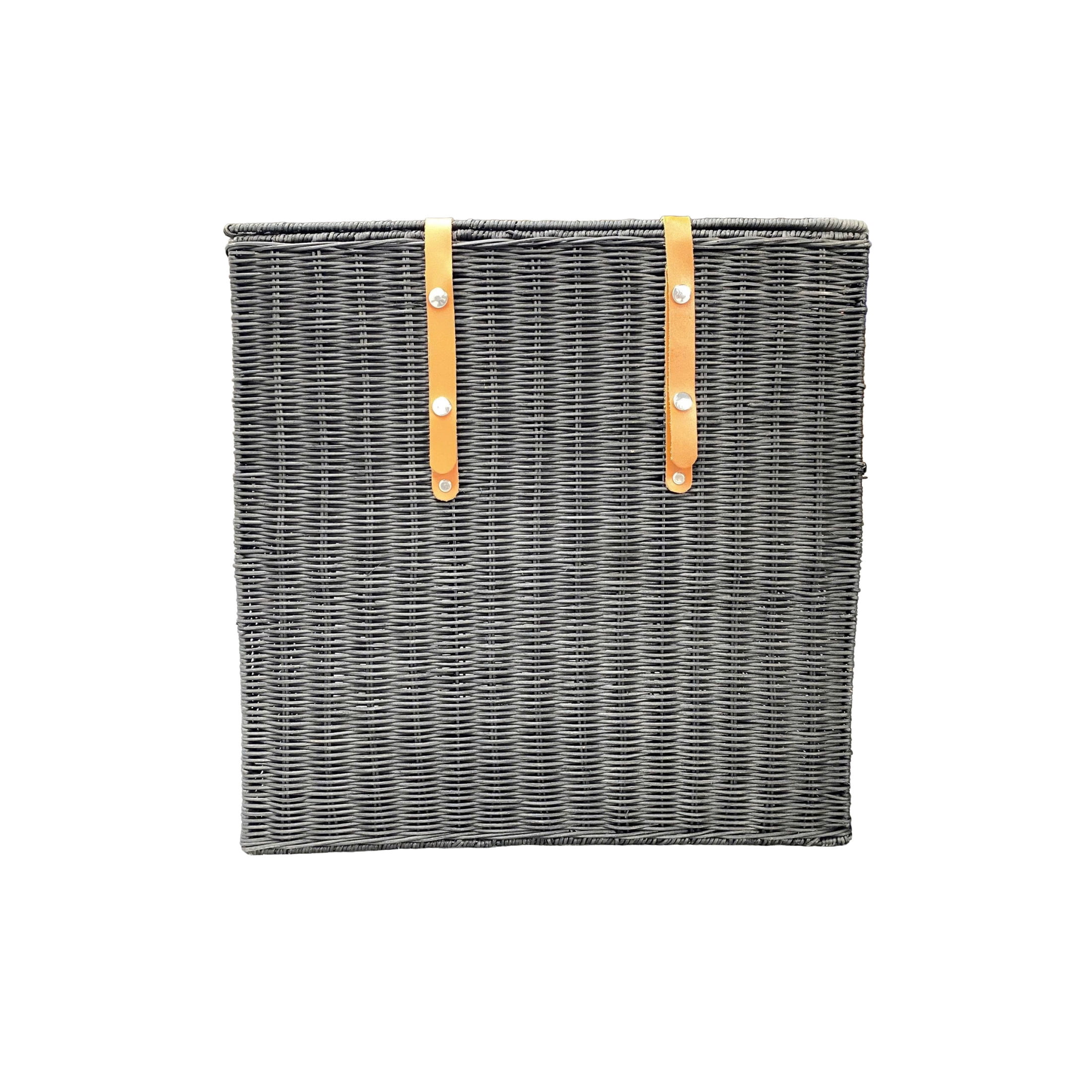 DecMode 20" x 21" Black Rattan Handmade Woven Storage Basket with Brown Leather Handles, 1-Piece