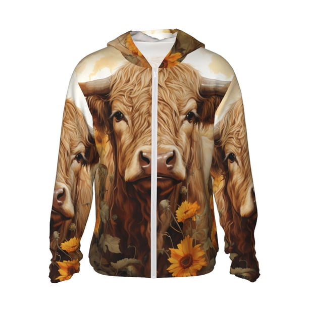 Balery Vintage Sunflower Cow Sudadera ligera de manga larga con capucha y protección solar UPF 50+ para hombre y mujer, ideal para pesca y running-Medium