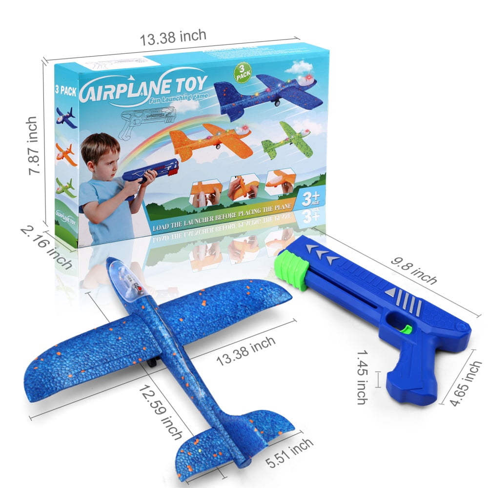 Growsly 3 Pack Airplane Launcher Toys, 12.6 inch Foam Glider LED Airplane, 2 Flight Modes Catapult Airplane Boy Toys Kids Outdoor Flying Toys Gifts 4-12 Years Old Kids, Green, Orange, Blue