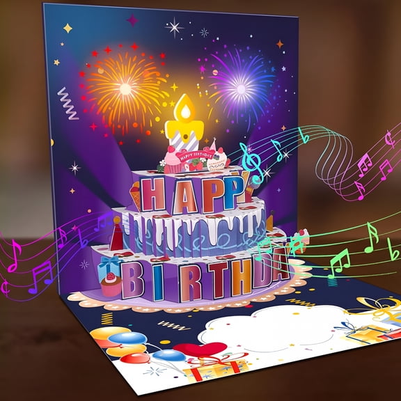 CCOCC Birthday Cards Happy Birthday Pop Up Cards Fireworks Cake Light and Music Card Gift for Women,Men,Mom,Grandma