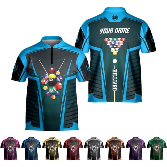 Personalized Billiard Jersey 3D Billiard Shirts for Men Billiard Bowling Jersey Billiards 9 Ball Pool Shirts for Men (Cyan, S)