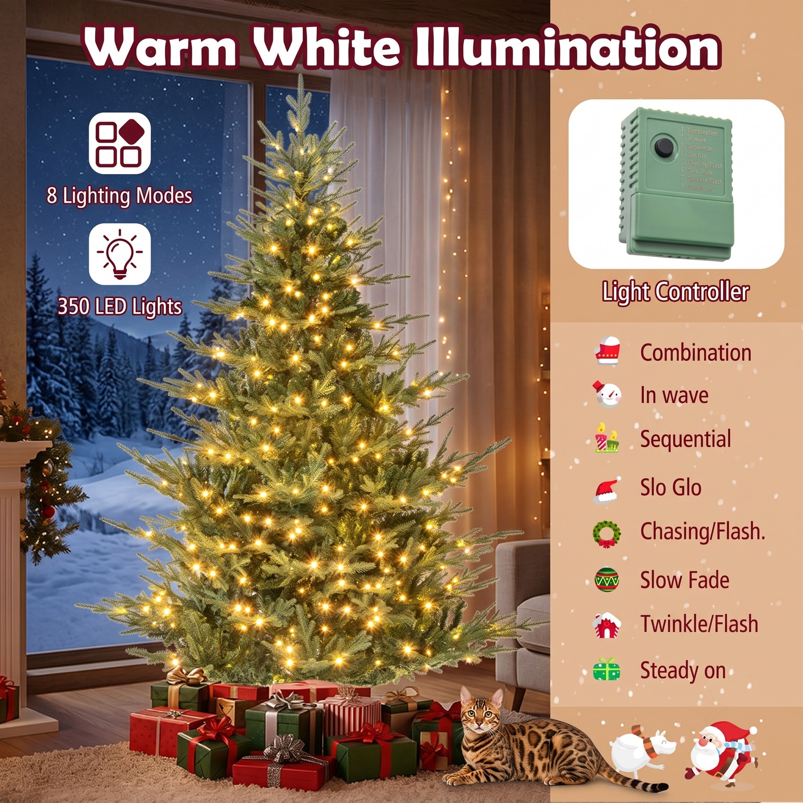 RUIE 7 FT Pre-Lit Artificial Christmas Tree with 350 Warm White LED Lights, 1102 Branch Tips, Hinged Full Spruce Xmas Tree with Metal Stand for Home Holiday, Green