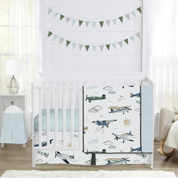 Sweet Jojo Designs Airplane Green and Blue Boy 4 Piece Crib Bedding Set