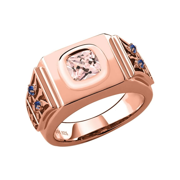 Gem Stone King 2.04 Ct Peach Nano Morganite Blue Created Sapphire 18K Rose Gold Plated Silver Men's Ring (Size 8)