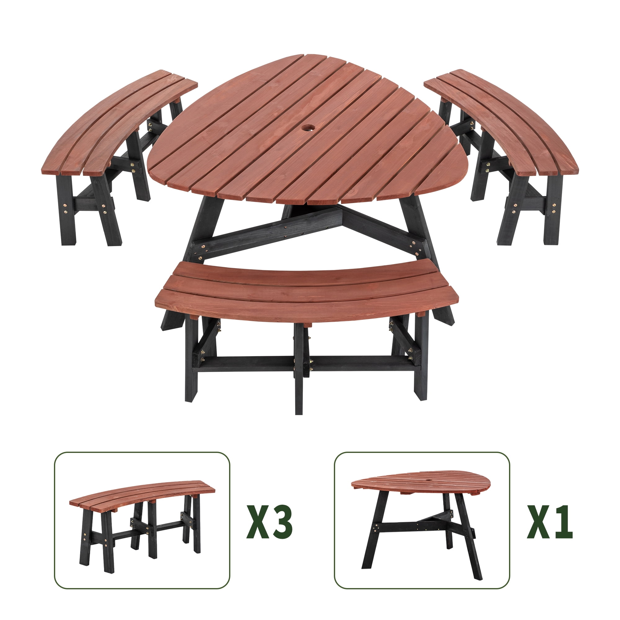 6-Person Semi-Circular Solid Fir Wood Picnic Table Set, Rustic Brown Tabletop with Black Legs, Outdoor Patio Dining Table with 3 Built-In Benches & Central Umbrella Hole for Backyard Garden