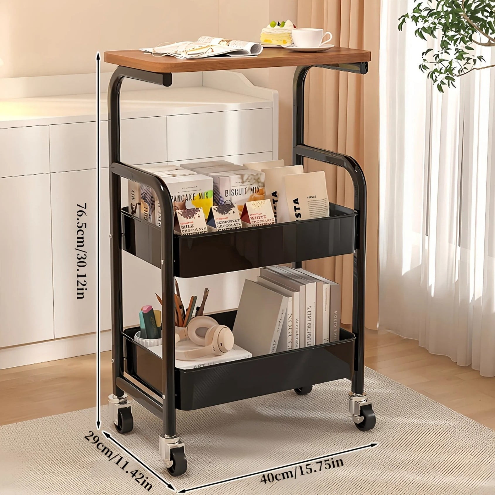 3 Tier Rolling Utility Cart with Walnut Wood Top, Heavy Duty Metal Storage Organizer Cart with Lockable Wheels for Kitchen Bathroom Coffee Bar