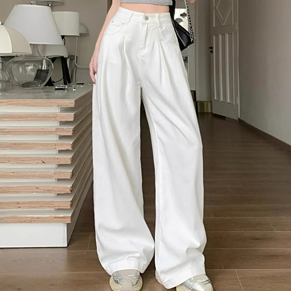Women Pants Baggy Wide Leg Jeans High Waisted Solid Loose Casual Pants with Pockets Long Denim Trousers