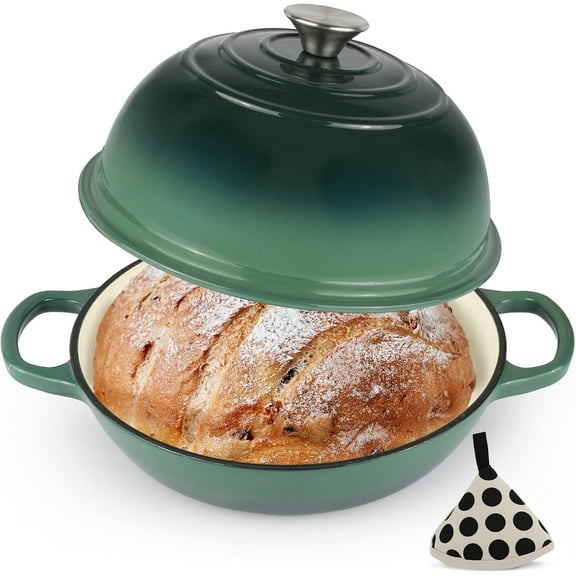 Enameled Cast Iron Bread Oven, Dutch Oven Pot with Lid & Cotton Potholder, 10" Bread Dutch Oven for Bread Baking, 6 Quarts Bread Pan with Dome Lid, Non-stick Cookware for Homemade Bread, Green