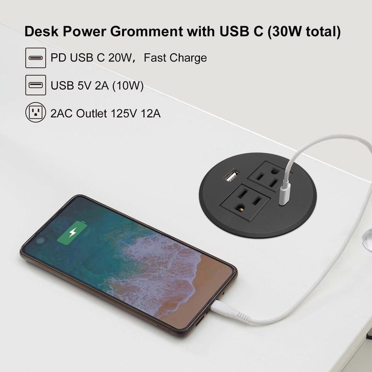 Desktop Power Grommet With Fast Charging - 2 AC Outlets, 4 USB Ports (2 PD 20W), Flush Mount For Desks & Tables