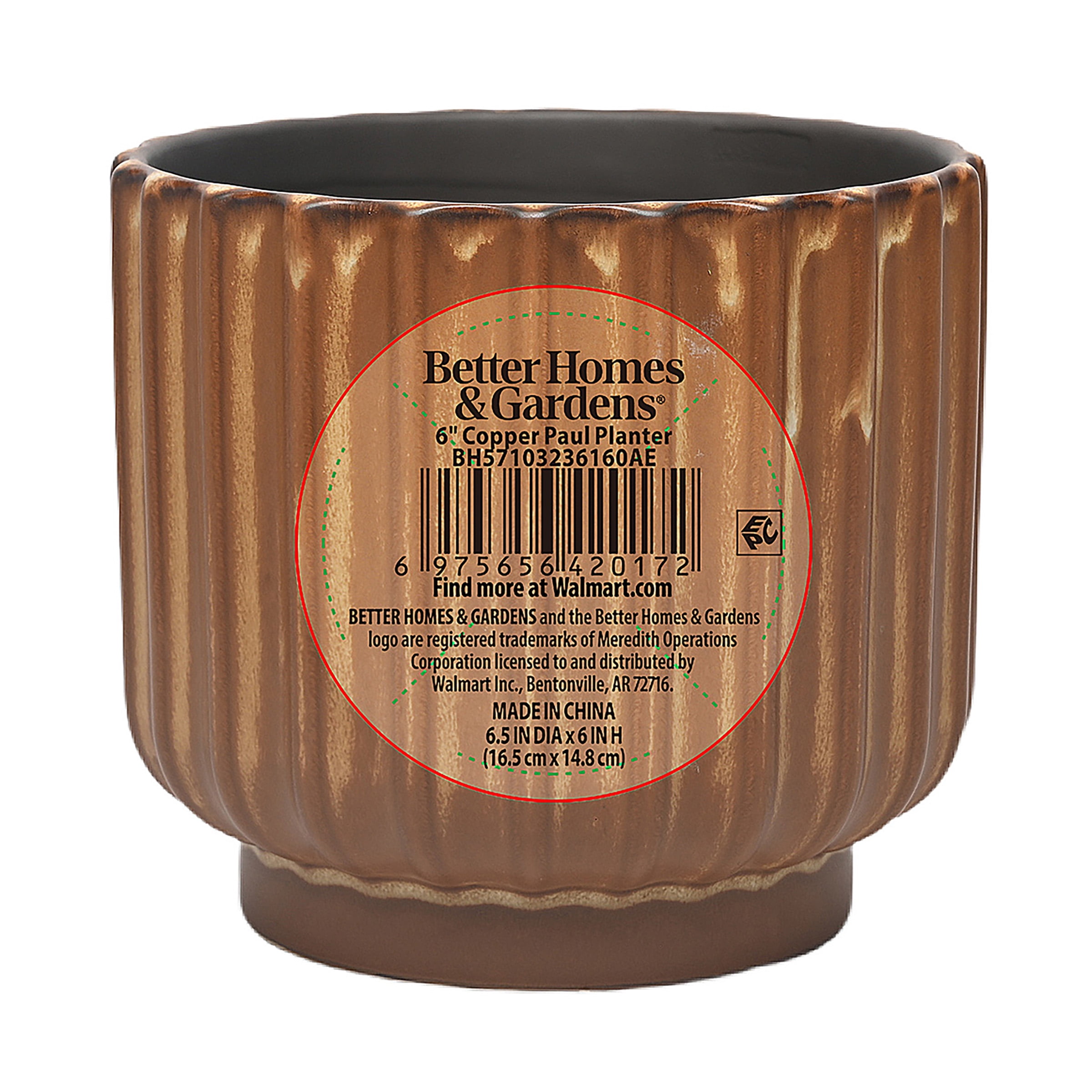 Better Homes & Gardens Paul Planter, Copper, Ceramic, 6 in