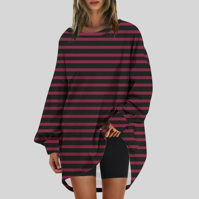 RXIRUCGD Chandail en Molleton Oversize pour Femmes, Col Rond, Manches Longues, Tunique Imprimée, Vin, Taille : L