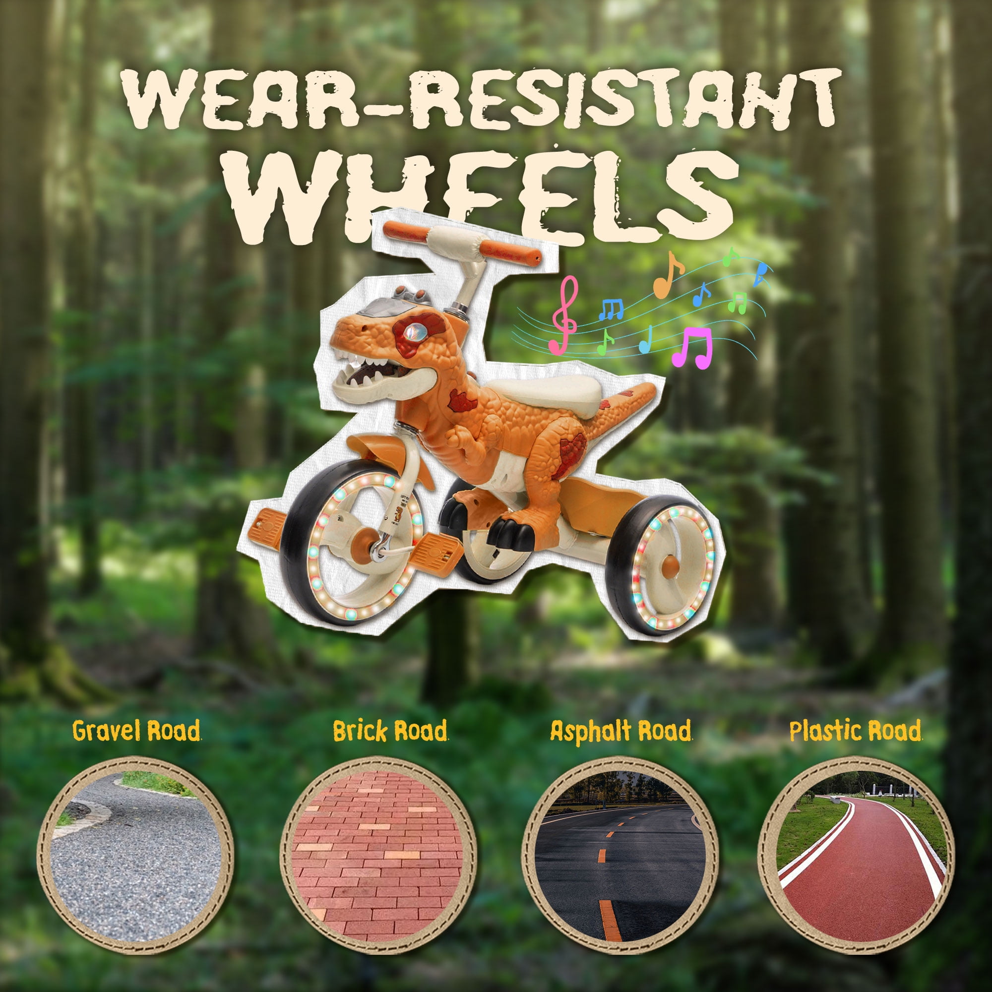Xuanlur Kids Ride on Dinosaur Tricycle, Toddlers Kid Trike with EVA Wide Flash Wheels, Anti-Slip Pedals, Rear Basket, Music & LED Lights, Toddler Bike Toys Gift for 3-6 Year Old Boys & Girls (Orange)