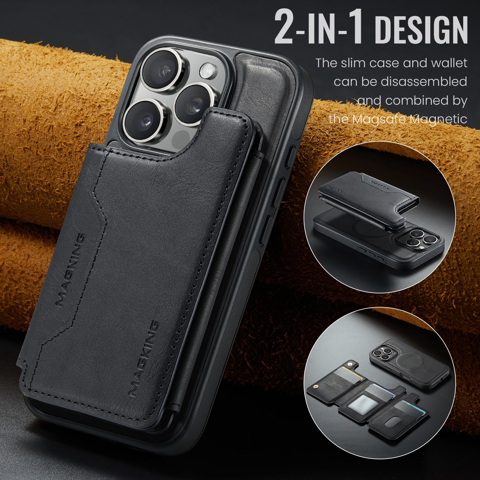 Designed for iPhone 16 Pro Max Wallet Phone Case,Magnetic Detachable Flip Card Holder,Back Flip Kickstand,Compatible with Mag-Safe,2-in-1 PU Leather Heavy Duty Shockproof Phone Case,Black