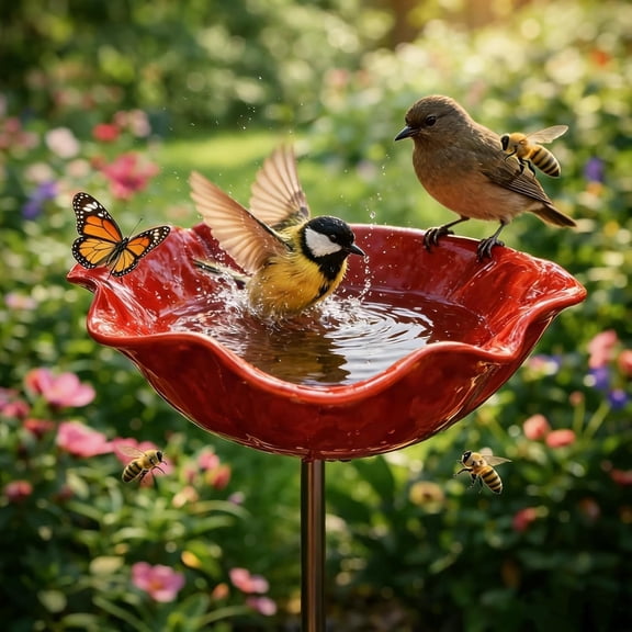 Handmade Metal Flower Garden Stake with Bee Bath & Bird Water Bowl, Bee Bird Watering Station, Butterfly & Pollinator Watering Station, Garden Yard Art Outdoor Decor (1 pc)