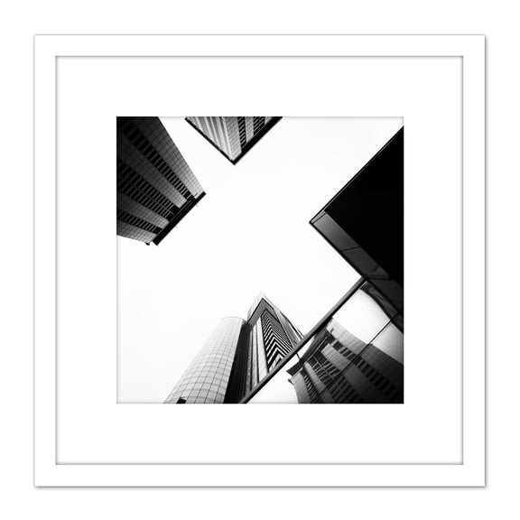 Prunier Downtown Buildings Black White Photo 8X8 Inch Square Wooden Framed Wall Art Print Picture with Mount