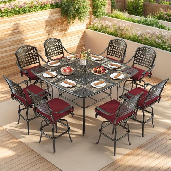 VIVIJASON 9-Piece Outdoor Patio Swivel Bar Set, All Weather Cast Aluminum Patio Bar Table and Chairs Set with 8 Cushioned Swivel Bar Stools, Large 64" Square Patio Bar Height Table