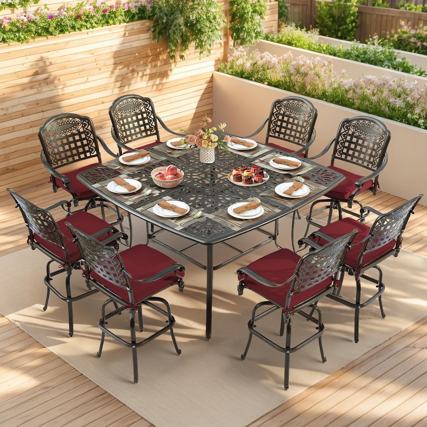 VIVIJASON 9-Piece Outdoor Patio Swivel Bar Set, All Weather Cast Aluminum Patio Bar Table and Chairs Set with 8 Cushioned Swivel Bar Stools, Large 64" Square Patio Bar Height Table
