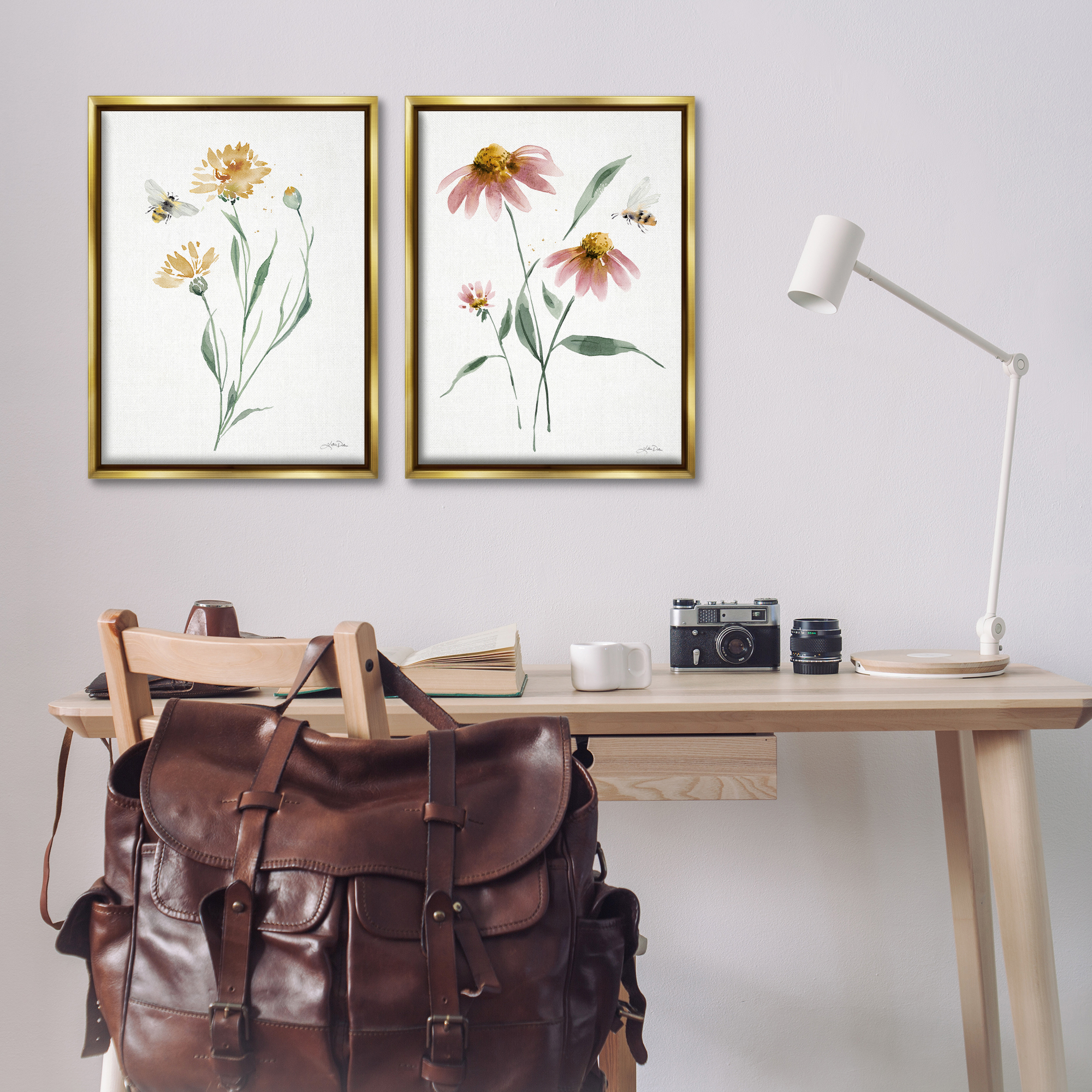 Stupell Industries Flower Stem Bees Plants & Flowers Painting Gold Floater Framed Canvas Art Print Wall Art, 21 x 31, Set of 2