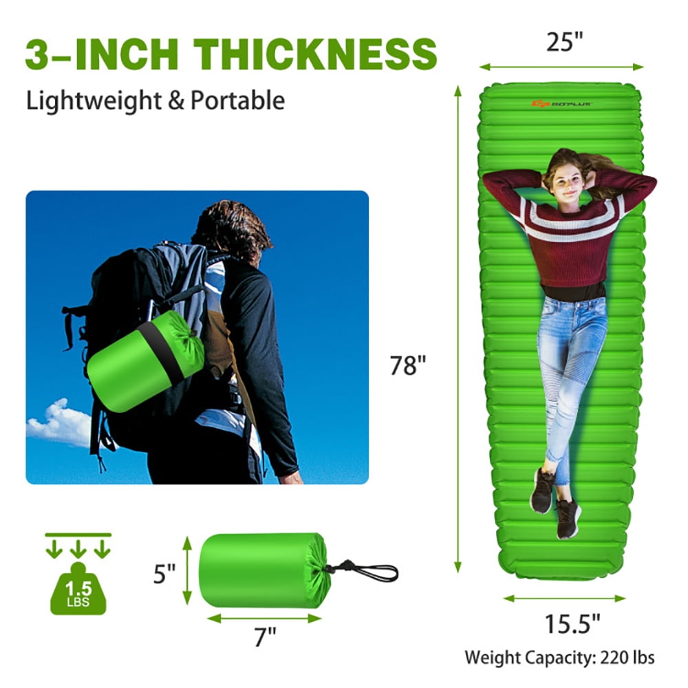 Resenkos 3 Inch Thick Inflatable Waterproof Camping Sleeping Pad-Green, Camping Mattress, Portable Roll Up Bed, Inflatable Outdoor Mat for Rooftop Tent Car Truck Van, 4 Season