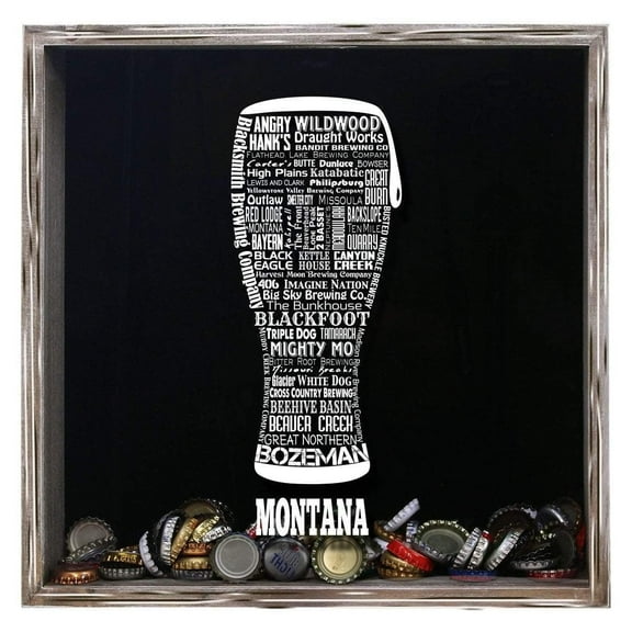 Torched Montana Beer Cap Shadow Box Wall Mount Decor 13"x13"x3" Gray