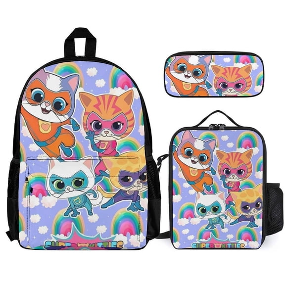 Superkitties Fun cartoon three-piece backpack set: includes backpack lunch box and pencil case One size