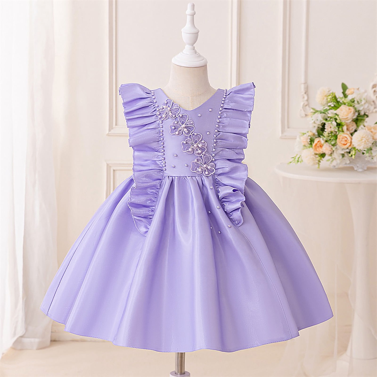 Wdgfv Girls Flutter Sleeve Beaded Dress Casual Party Wear Toddler Kids School Outdoor Comfortable Stylish Outfit Purple 3-4 Years