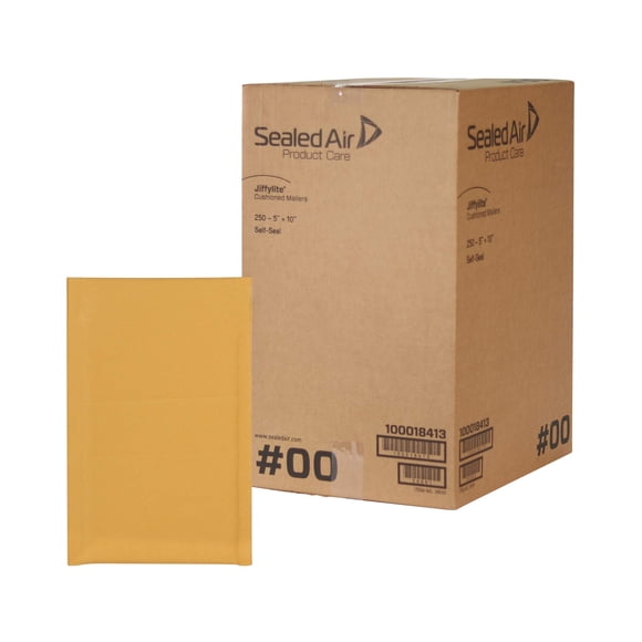 Sealed Air Jiffylite Self-Seal Bubble Mailer, #00, Barrier Bubble Air Cell Cushion, Self-Adhesive Closure, 5 x 10, Brown Kraft, 250/CT