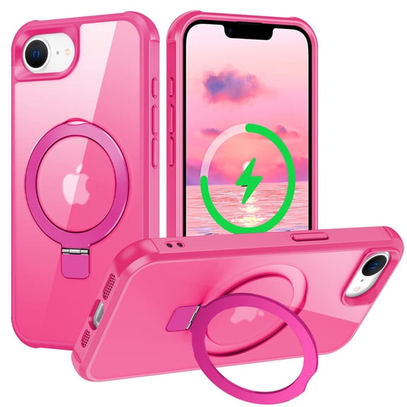 ELEHOLD Rugged Case For iPhone 17e/iPhone 16e , Shockproof Magnetic Ring Holder Kickstand Heavy Duty Protective Cover,  Rose