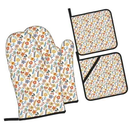 

Fotbe Retro Floral for 4Pcs Oven Mitts and Pot Holders 500℉ Heat Resistant Oven Mitts Non-Slip Silicone Surface Safe for Baking Cooking BBQ
