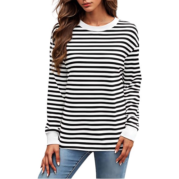 CQONEPT Women's Stripe Sweatshirts Crewneck Casual Pullover Tops Loose Fit Trendy Fall Winter Long Sleeve Shirts White L