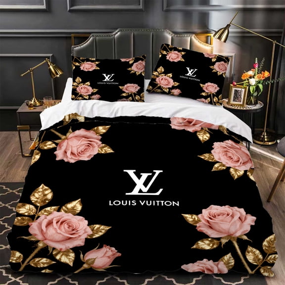 Luxurious 3-Piece Duvet Cover Set with Floral Pink Roses & Gold Leaves Featuring Iconic Modern Black & Gold Design