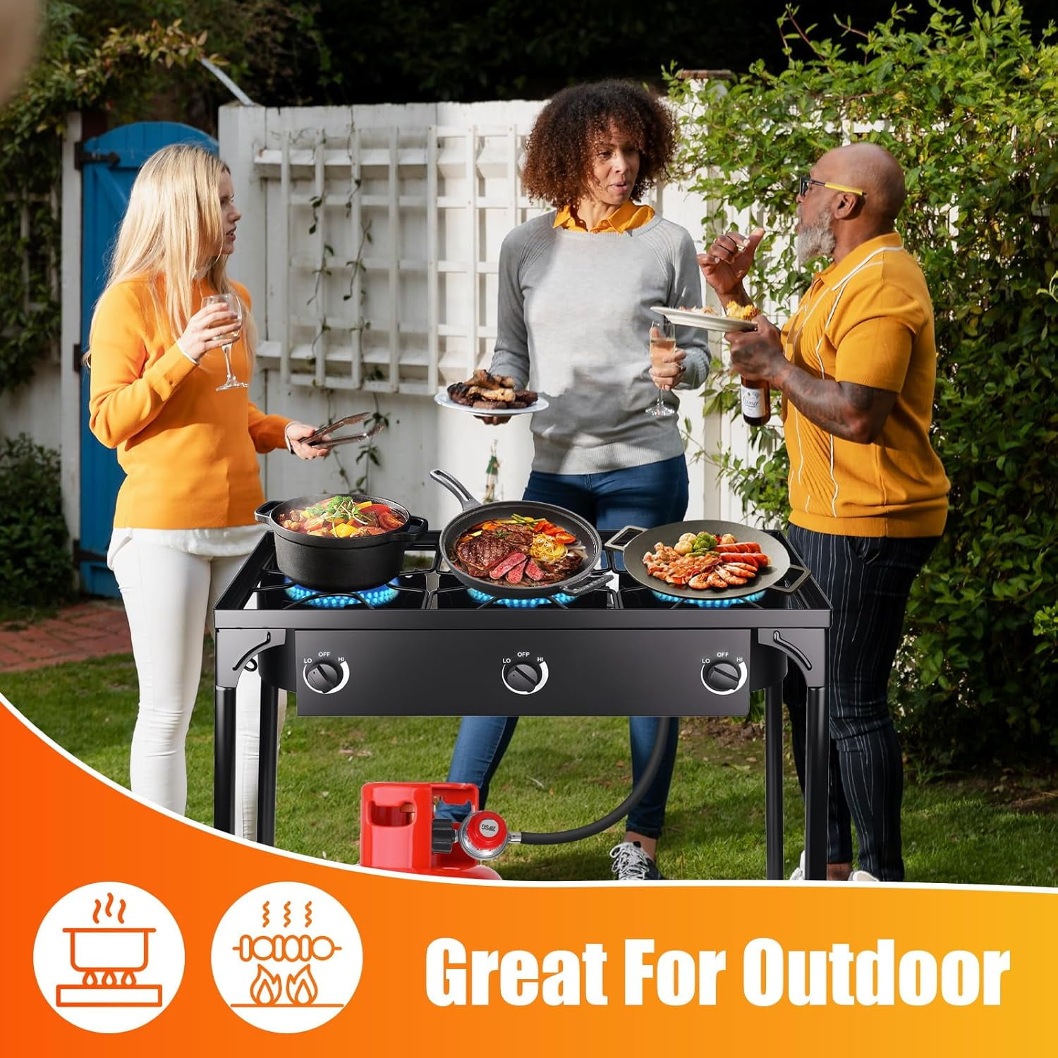 225,000-BTU High-Pressure Outdoor Propane Gas Stove, 3-Burner Camp Cooker with Detachable Legs for Camping, Patio, Tailgating & Backyard Cooking
