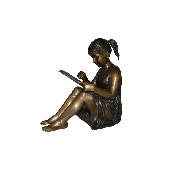 Girl reading from a notebook Bronze Statue -  Size: 26"L x 16"W x 25"H.